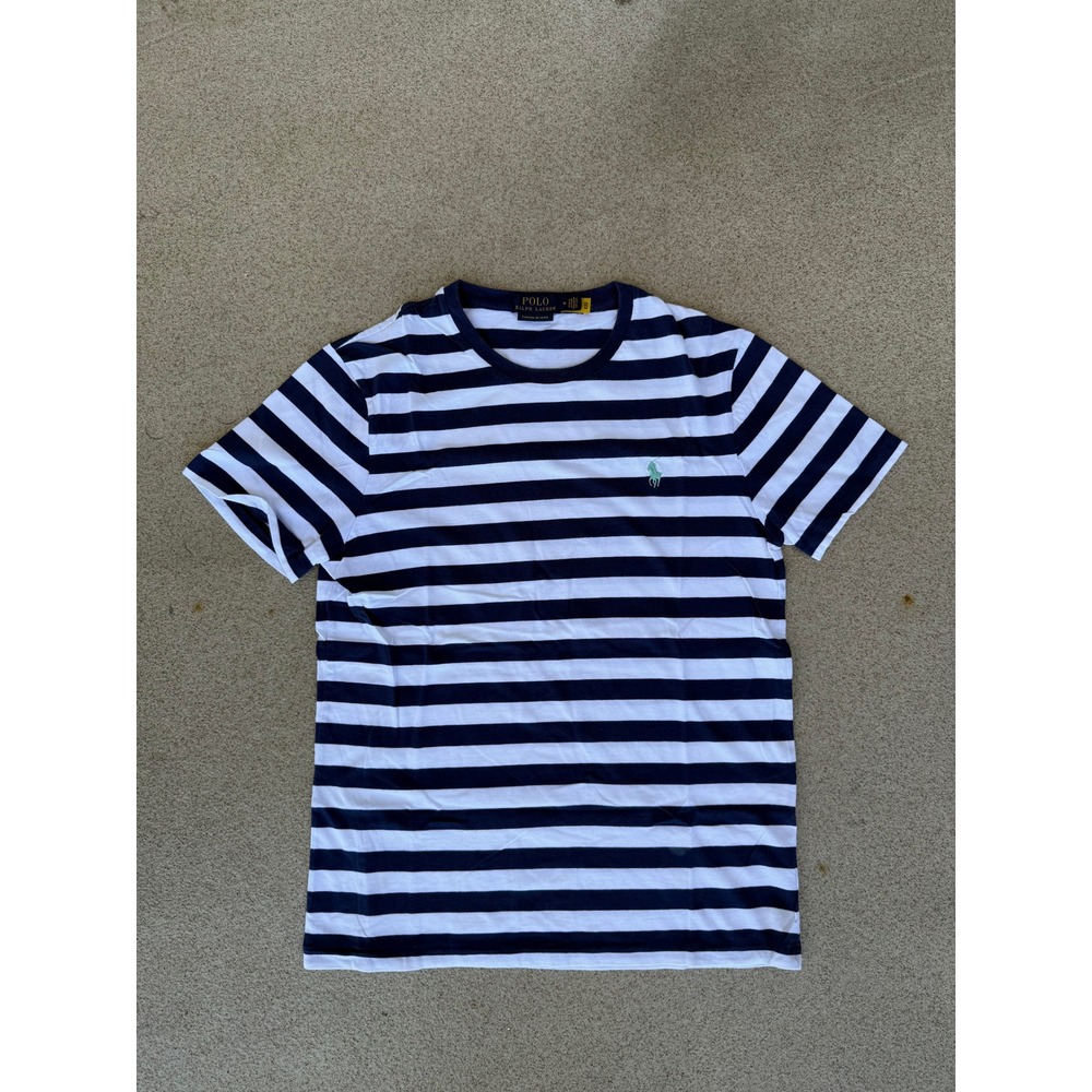 Polo Ralph Lauren Custom Slim Fit Mens Medium T-Shirt - White/Blue Striped Pony